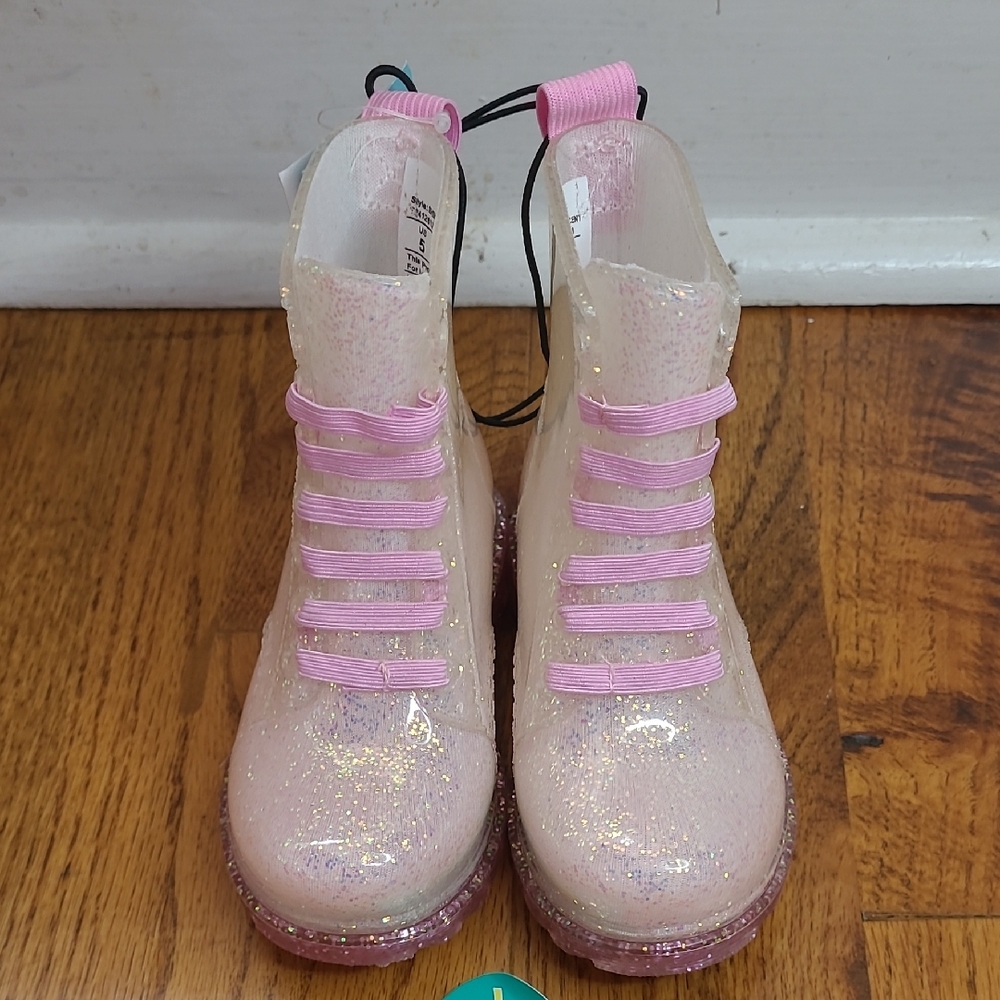 Pink Glitter Rain PVC Boots with Elastic Laces